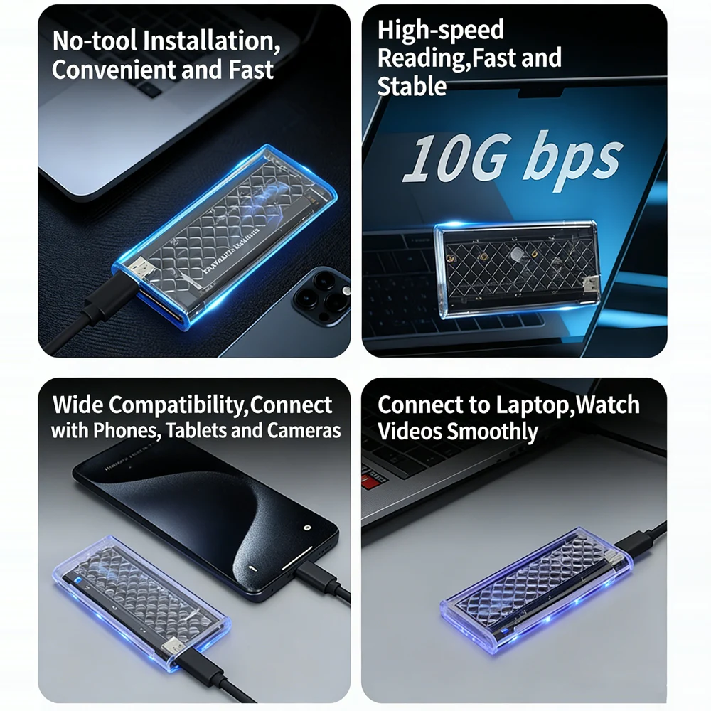 KEBIDU RGB M2 NVMe PCIE SSD 케이스 M.2 NGFF SATA SSD 인클로저 10Gbps M.2 to USB 투명 하드 드라이브 인클로저 (M 키, M&B 키 지원)