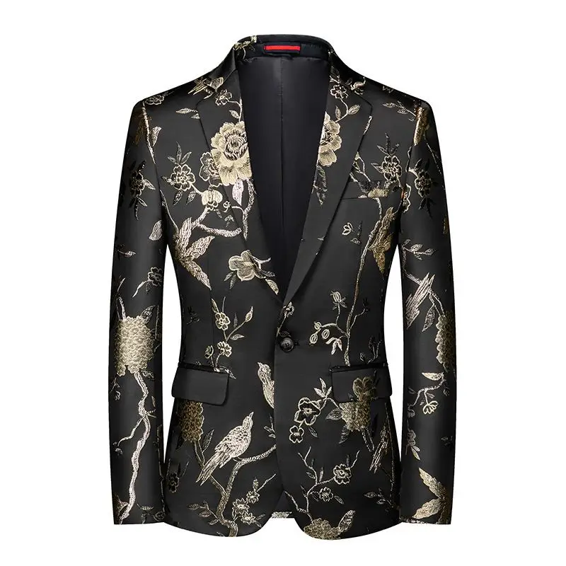 Fashion Gold Floral Mens Wedding Suits Italian Design Notch Collar Custom Made Smoking Tuxedo Jacket Groom Terno Suits For Men