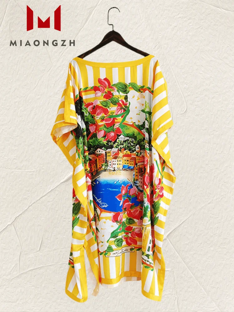 

Elegant Print Sicily Dress Summer Women Batwing Sleeve Fashion Designer Colorful Flower Vintage Casual Dresse Female Holiday New