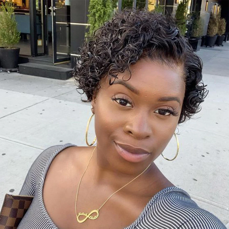 13x4x1 Lace Front Wigs Short Curly Pixie Cut Human Hair Wigs Water Wave Human Hair Wig For Women Pre Plucked