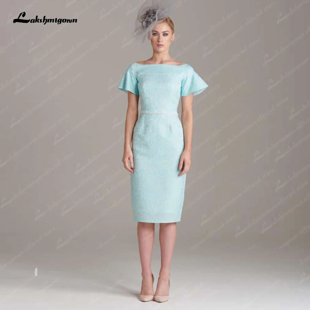 

Simple Mother of the Bride Dresses Scoop Neck Evening Dresses Back Slit Belt Short Sleeves Knee-Length Vestidos De Fiesta