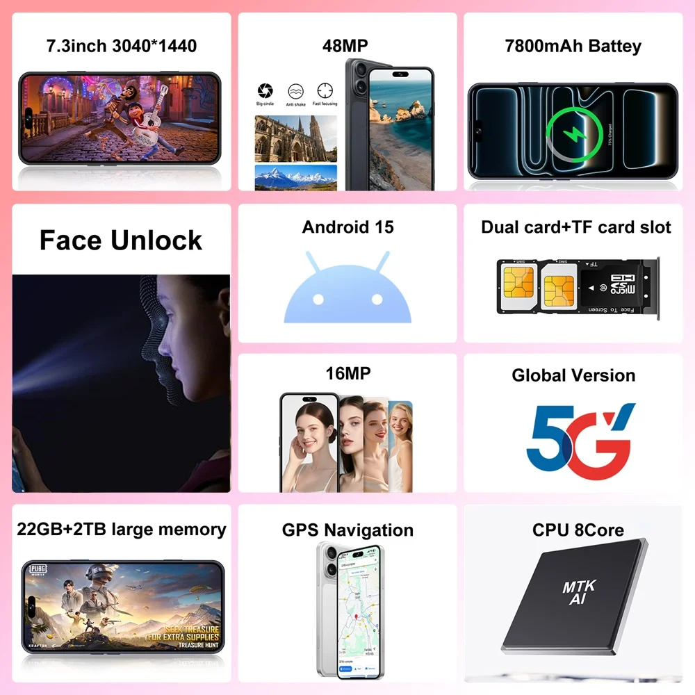 K-Touch M17 Pro Max Mobile Phones 7.3 Inch Smartphone 5G Dual SIM Android 15 Cell Phone 16+48MP Camera 7800mAh Face Unlocked Wifi GPS Global Version Cellphones