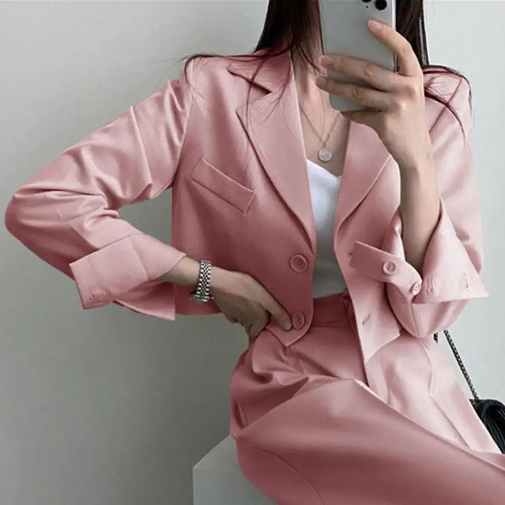 Women Fall Spring Suit Coat Single-breasted Short Type Solid Color Long Sleeves Lapel Notch Collar Formal Business Style OL Comm fashion women blouse solid color lapel single breasted long puff sleeve pleated patchwork slim spring ol commuter ladies blouse