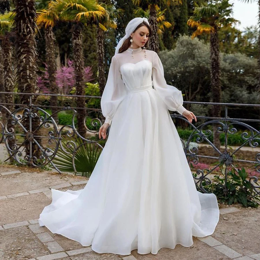 Customized High Neck Two Pieces Long Sleeves Wedding Dress with Belt Fashion Style Long Organza Customized High Neck Two Pieces Long Sleeves Wedding Dress with Belt Fashion Style Long Organza