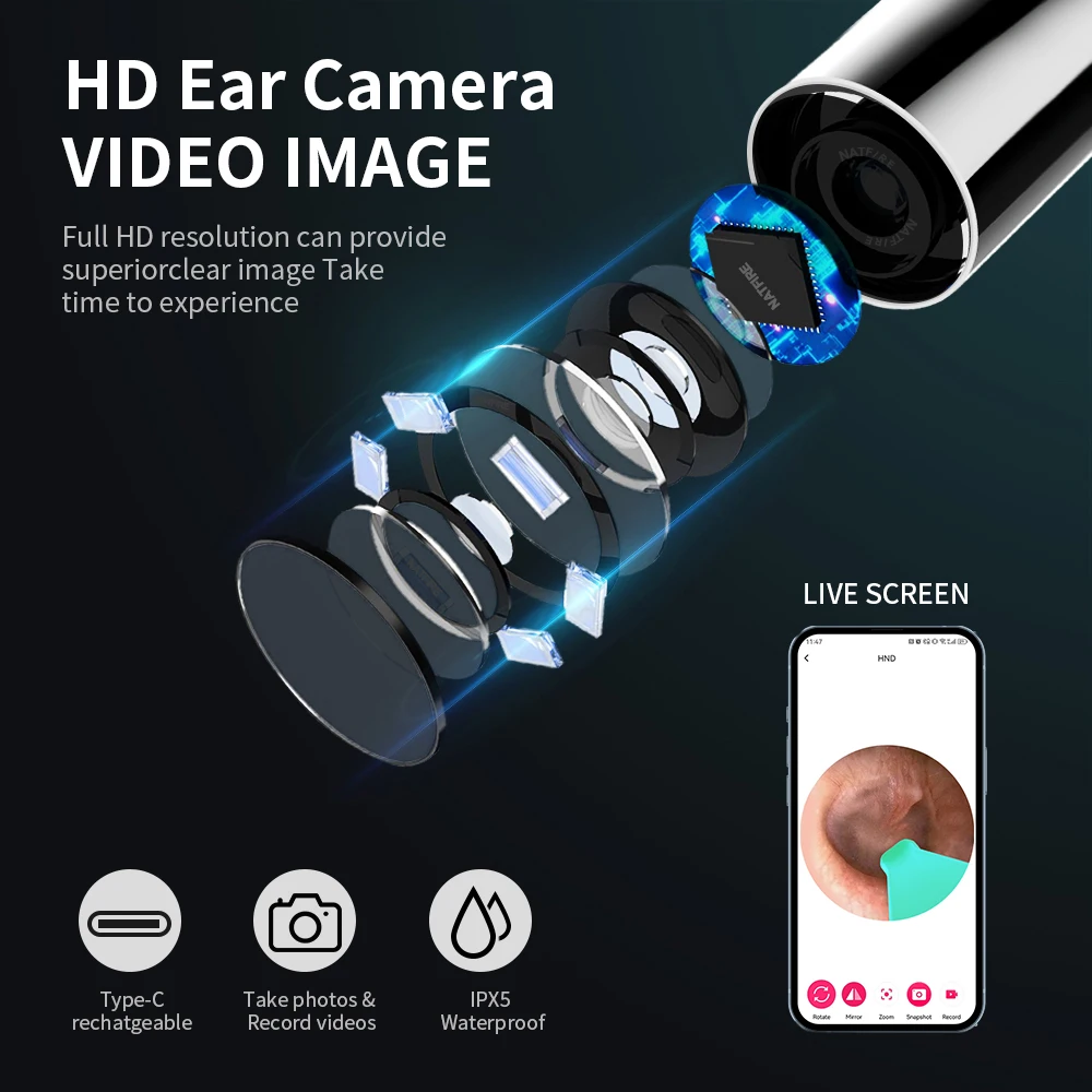 귀지 제거 스틱 귀 청소 도구 미니 카메라 Earpick 스마트 검 이경과 USB C 충전 귀 내시경 iOS 안드로이드 NE17에 대한 개인 건강 관리 HD 귀 청소기