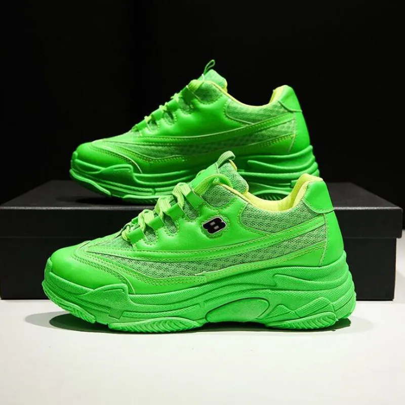 Women Neon Green Lace-up Front Chunky Sneakers | SHEIN