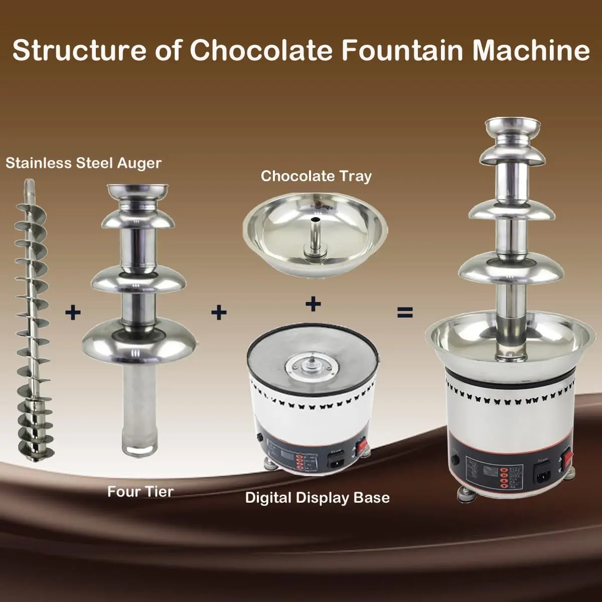 10V 4 Tier Electric Chocolate Fondue Fountain Machine for Wedding Company Birthday Party, Stainless Steel Chocolate F