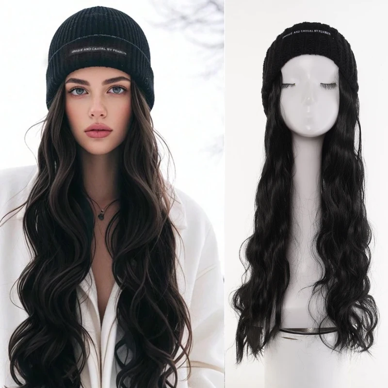 22 inch Straight Tube Curly Hair Cap Wig Synthetic With Elastic Knitted cap - Bernice cap Wig High Temperature Fiber Daily Wear
