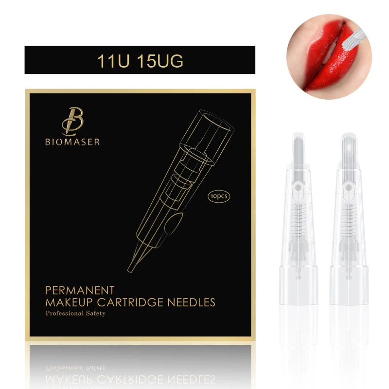 BIOMASER 10pcs 11U 15UG Disposable Sterilized Permanent Makeup Cartridge Needles Tips For Eyebrow Lip Easy Click