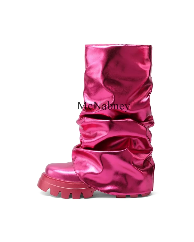 

2024 New Platform Mid-Calf Women Boots Round Toe Chunky High Heels Fashion Show Style Wrinkle Bling Slip On Design Boots