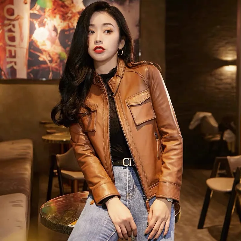 2022 Women Short Locomotive Autumn and Winter New Stand-up Collar Jacket  All-match Leather Jacket G3