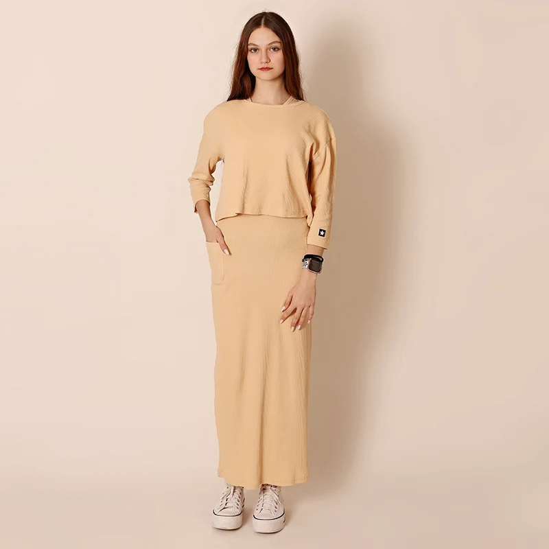 AA-women teen ribbed wide cropped tee and maxi dress set long sleeve round neck sleeveless dress for lady clothes size XS-XXL