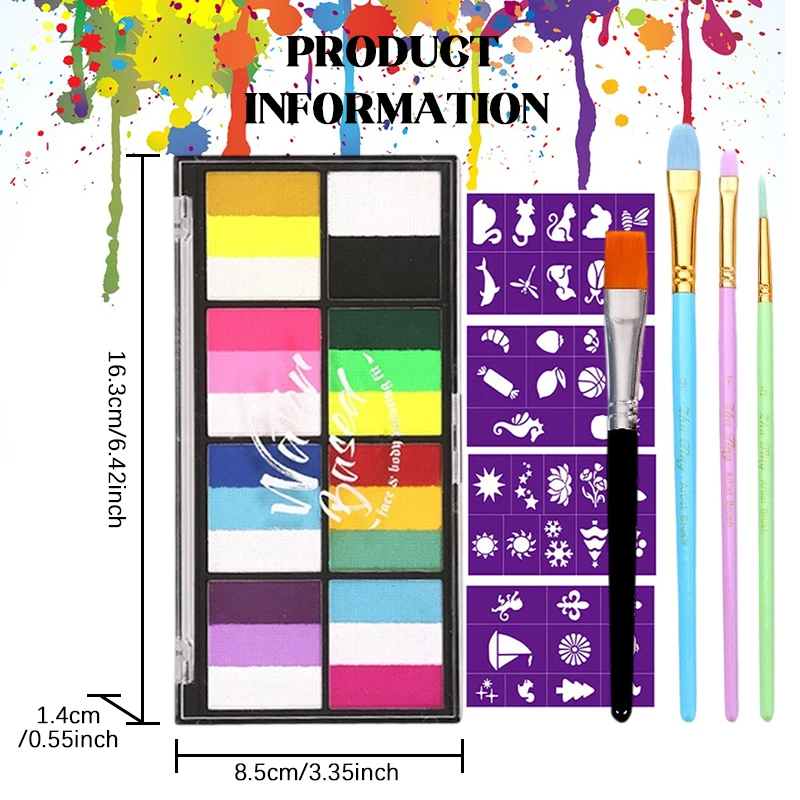 Dual-Tone Face  Body Paint Palette - Rainbow Stripe Makeup Kit for Cosplay  Halloween