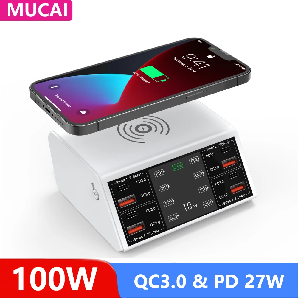 

MUCAI 100W USB C fast charging station 4 pd3.0 pps+4 qc3.0+wireless charging 9-in-1 USB charger for Samsung iPhone iPad