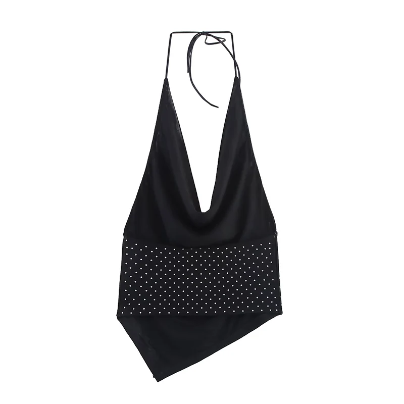 Sexy Halter Sling Tops Women's Water Diamond Tulle Backless Asymmetric Crop Top 2025 Summer New Lady Elegant Short Tops