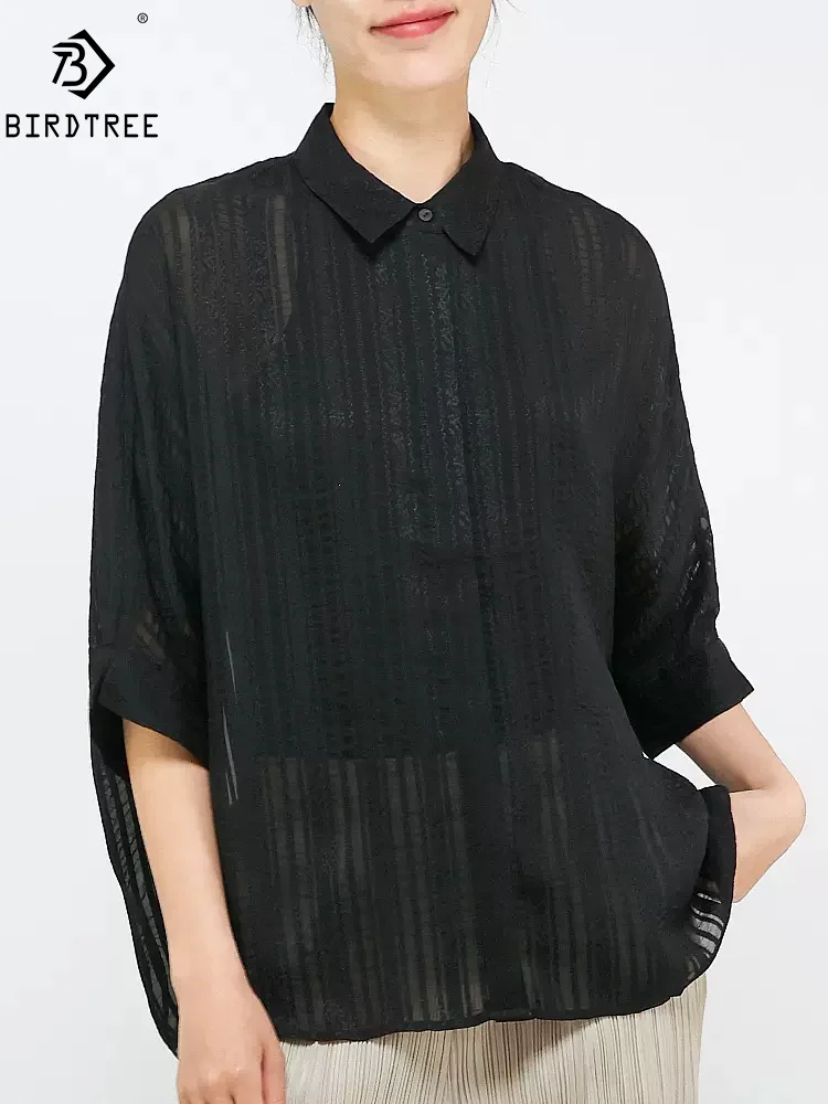 

Элегантная рубашка BirdTree из 100% натурального шелка, Женская жаккардовая полосатая блузка с рукавом 3/4, Модные свободные шикарные блузки, летние топы T462131QM, 2024