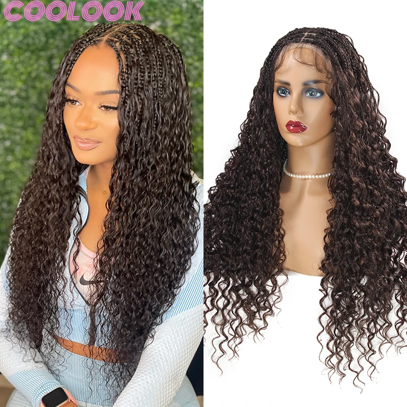 

Bohemian Full Lace Box Braided Wigs 24inch Knotless Synthetic Lace Frontal Braid Wig Ombre Brown Lace Front Braids Wig for Women