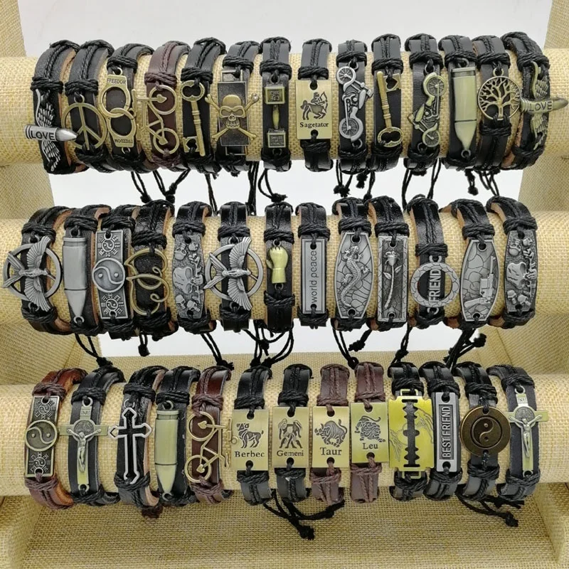 Vintage Cuff Bracelets Men and Women Leather Bangle Metal Handmade Retro Weave Mixed Charm Jewelry Gift 10pcs/Lot