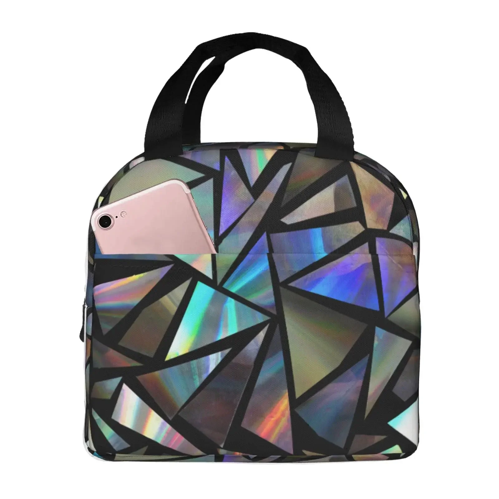 

Lines Green Iridescent Holographic Triangles on Black Abstract Futuristic Pattern Blue Crystal Glam Insulated Lunch Bento Bag