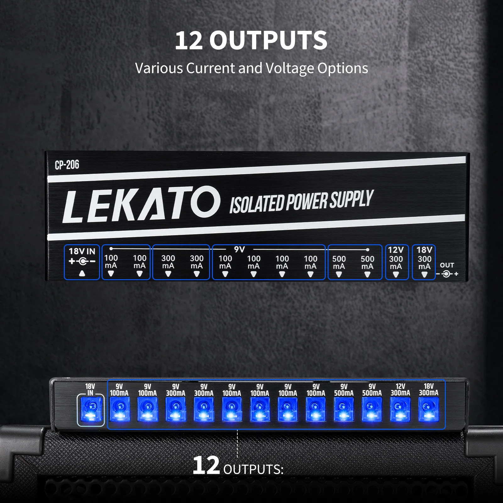 LEKATO CP-206 Guitar Pedal Power Supply True Isolated with 12 Ports DC Output 9V 12V 18V Short Circuit for Effect Pedals