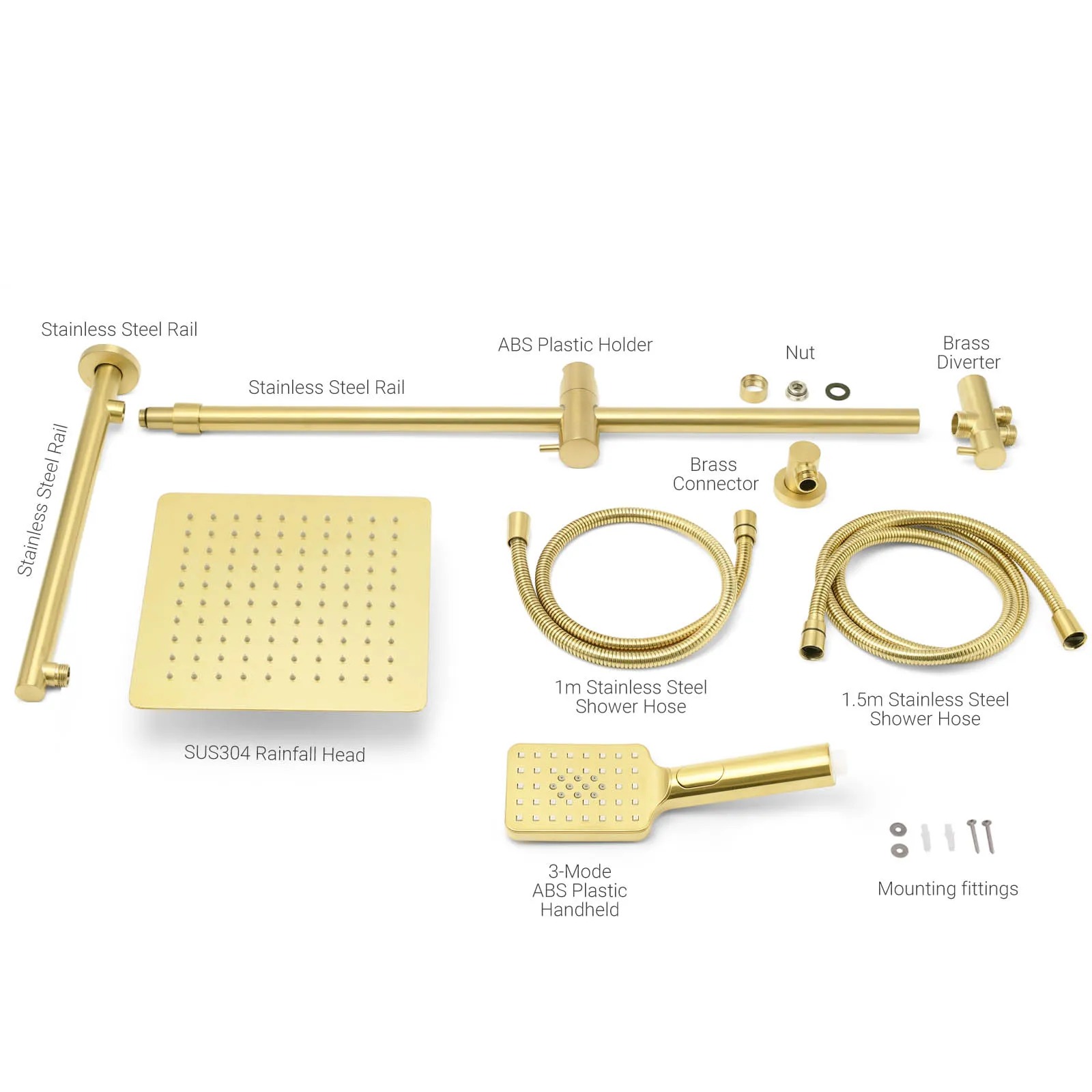KYLINS Square Twin 8/10/12'' Rain Shower Head Set 2 In 1 Sliding Rail Wall Arm Brushed Gold DIY WELS WATERMARK