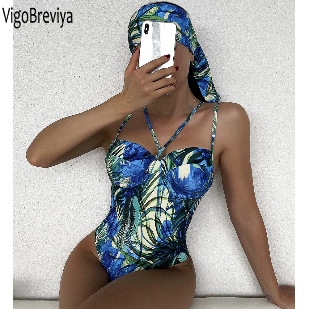 

VigoBeviya 2023 Sexy Cross Hollow Strapped Swimwear Women Print Push Up One Piece Swimsuit Monokini Summer Beach Bathing Suit