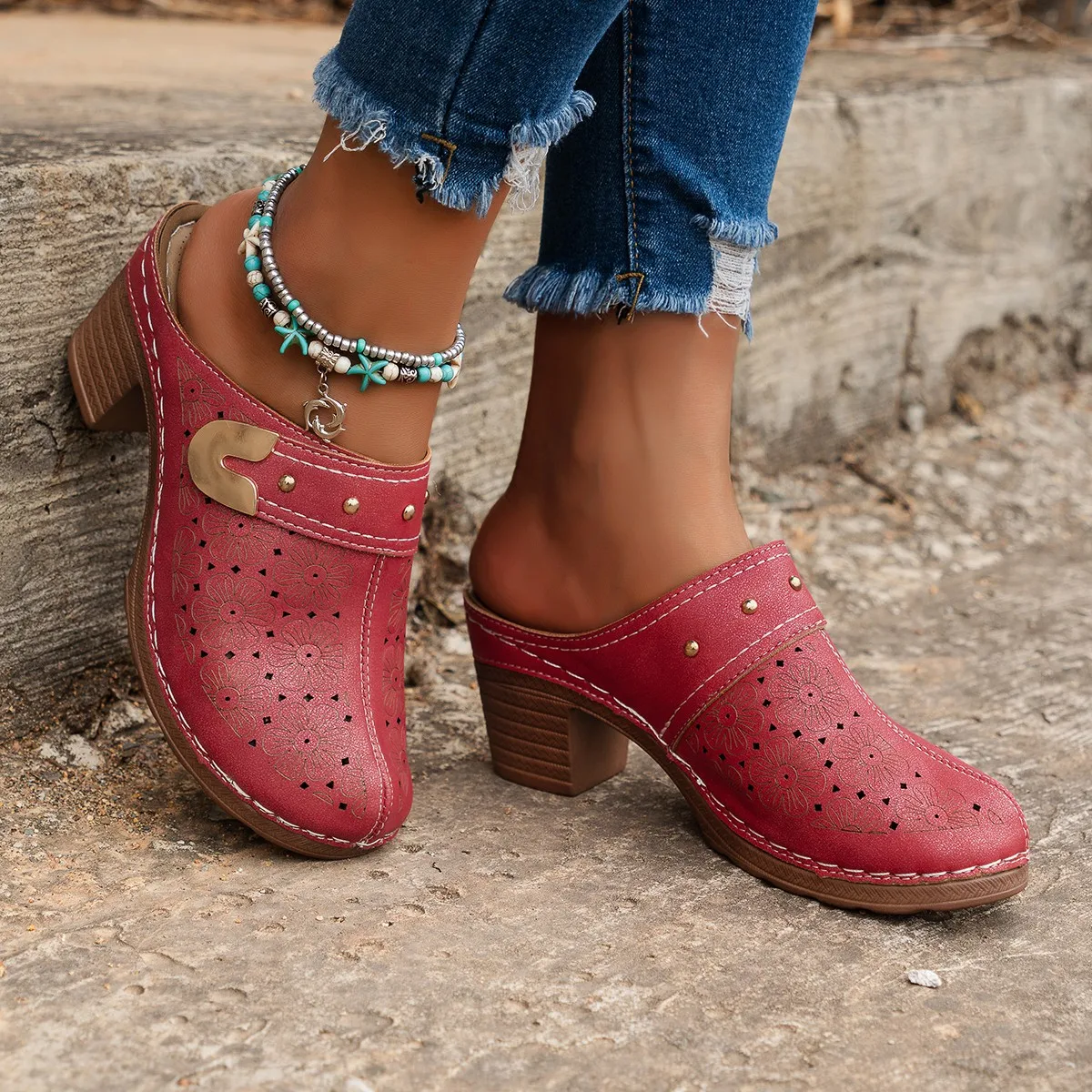 Women Sandals Slippers Platform Chunky Heels Retro Round Mules Thick Sole Height Increase Summer