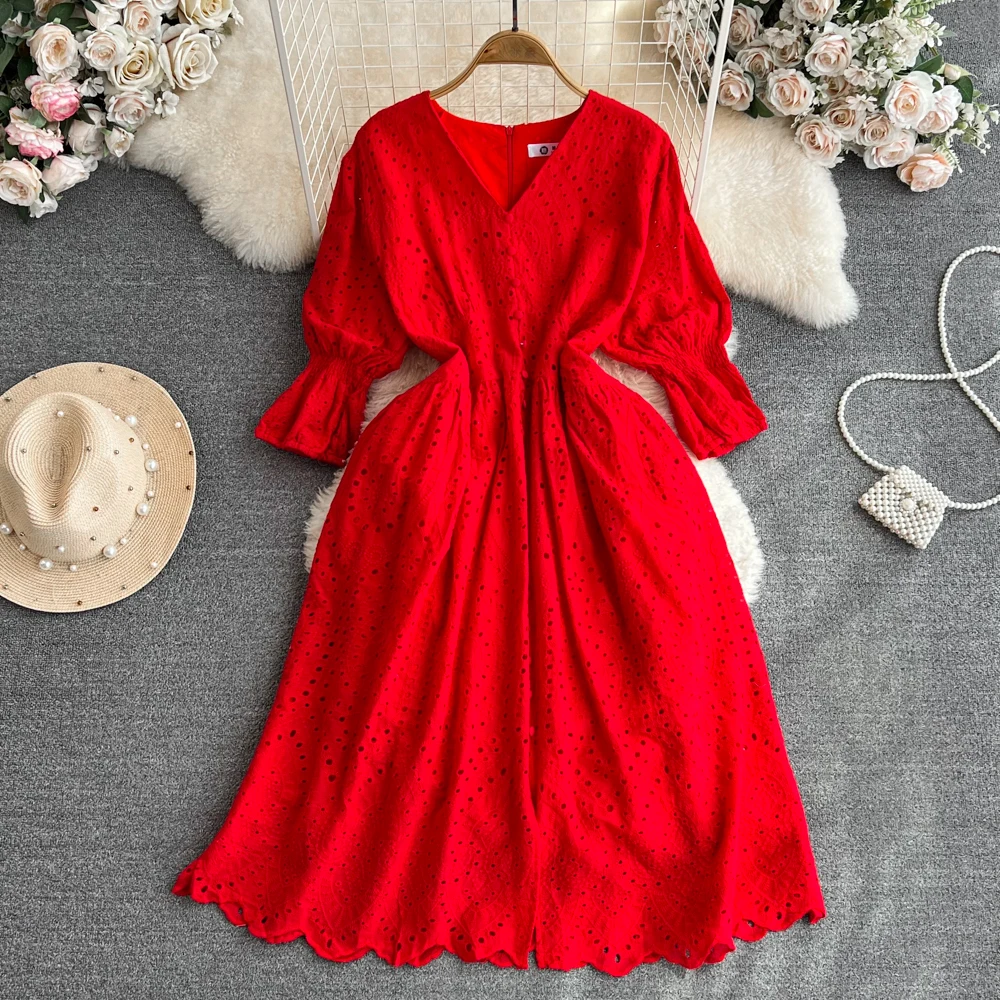 

VANOVICH Summer New Fashion V-neck Waist Slim A-line Solid Color Single Breasted Cotton Dress Three Quarter Sleeve Casual Dress