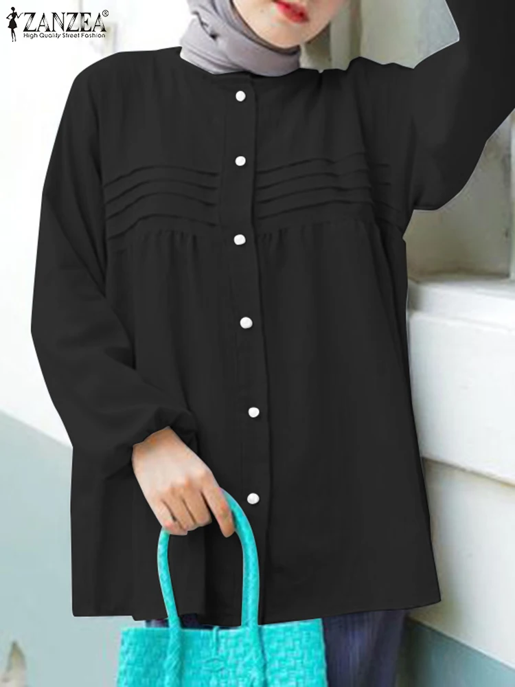 

ZANZEA Muslim Fashion Tunic Tops Woman Elegant Eid Mubarek Blouse Autumn Long Sleeve O-Neck Shirt Casual Solid Islamic Clothing