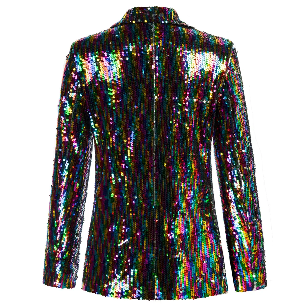 KK Women Sequined Coat Long Sleeve Lapel Collar Hips Length Office Lady Cocktail Party Jacket Formal Fashion Outerwear Casual