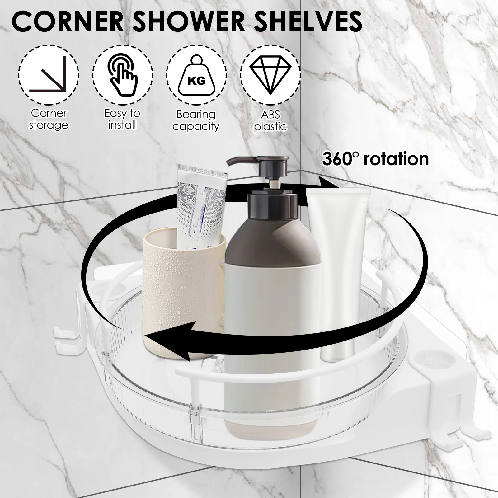 360° Rotating Adhesive Bathroom Holder Shower Caddy Corner Shampoo Storage Shelf with Hook No Drill Towel Holder 3