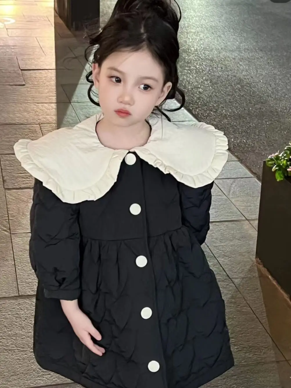 

Cotton Jacket for Girls Autumn and Winter New Sweet and Stylish Baby Girls with Large Lapels Medium Length Cotton Dress