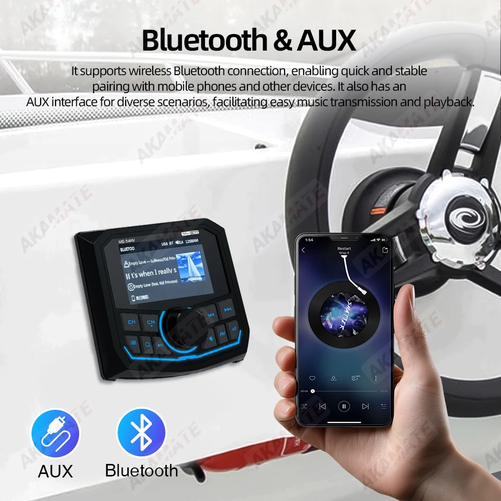 MP5 Boat Radio Bluetooth FM AM EQ Marine Stereo Waterproof IPX5 AUX Square Black Universal Media Player for RV UTV ATV SPA RZR