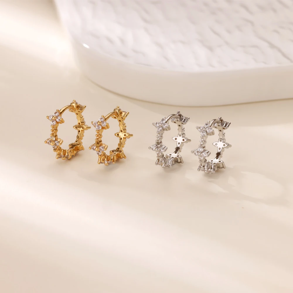 Shiny Zircon Four Leaf Clover Earrings Gold Metal Hoop Earrings