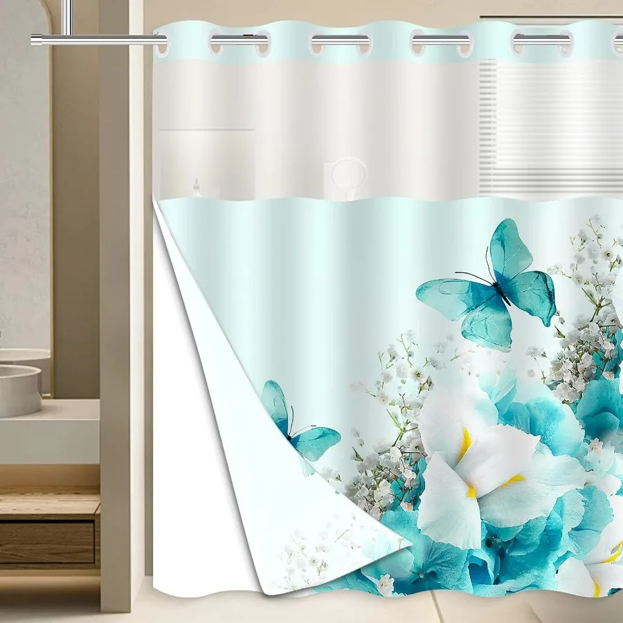 Teal Flowers Butterfly Waterproof Shower Curtain Set