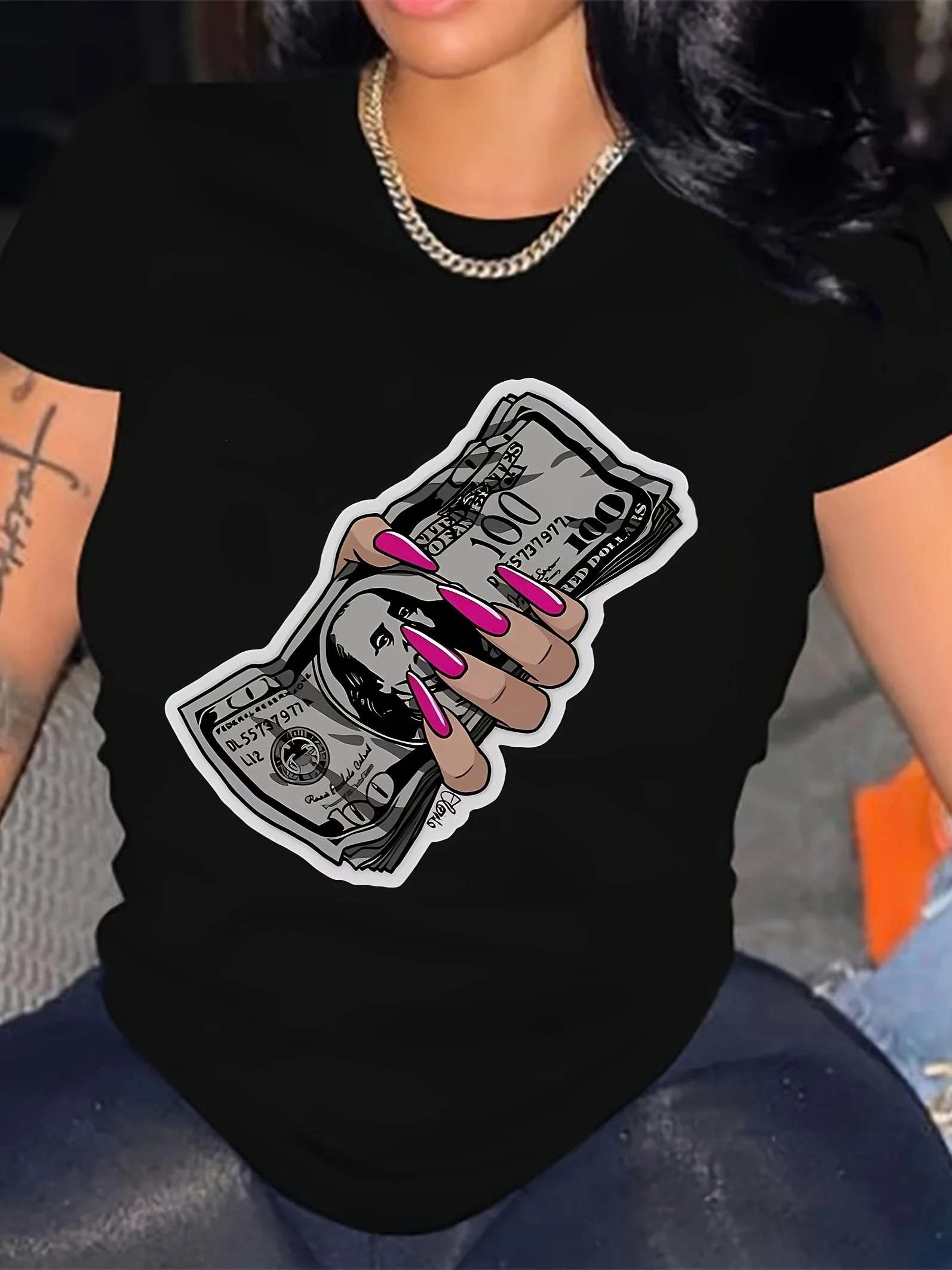 Women's Casual Short Sleeve T-shirt with Finger and Dollar Print - Summer Top