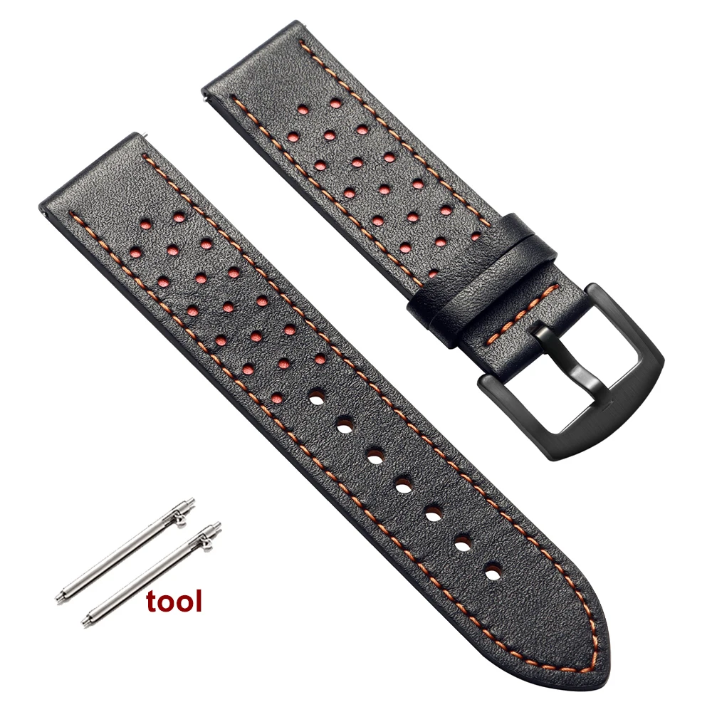 Vintage Handmade Leather Watch Strap - Quick Release, Breathable, Sport Design, Black & Brown, with Pin Buckle