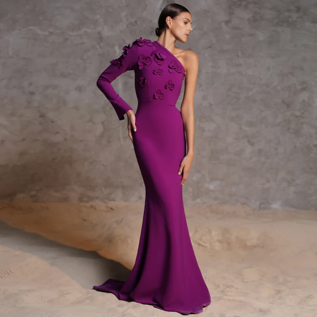 Purple Evening Dresses for Women 2024 One Shoulder Long Sleeve Formal Gown Mermaid/Trumpet 3D Flowers Elegant Wedding Party Gown 1