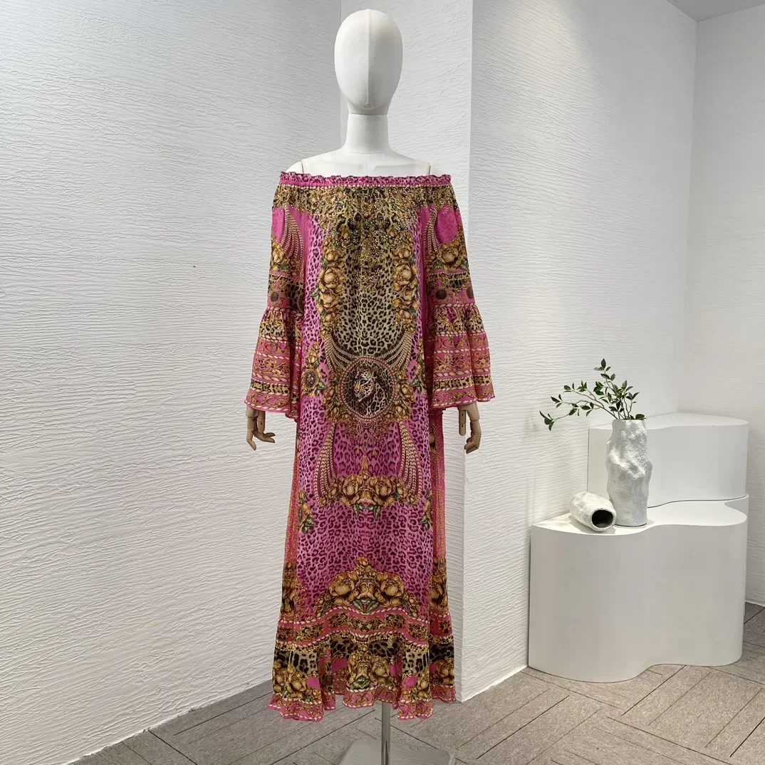 

2024 New Silk Rose Red Leopard Tiger Animals Print Long Sleeve Diamonds Pressed Ruffle Collar Belt Oversize Loose Midi Dress