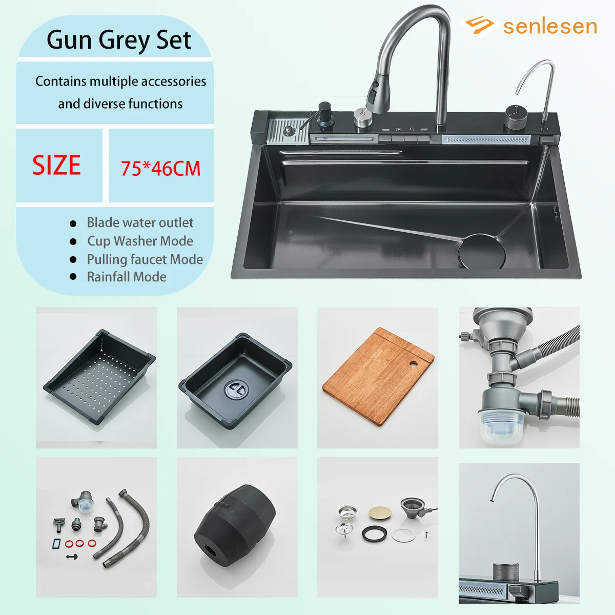 304 Brushed Gold Stainless Steel Waterfall Kitchen Sink Large Single Slot 4 Function  Integrated Digital Display Faucet Set 4