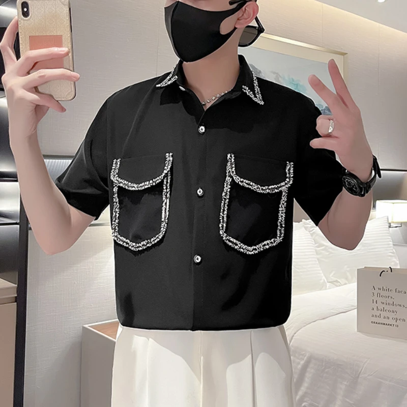 2023 Summer Ice Silk Shirt for Men Short Sleeve Loose Casual Shirts Fashion Streetwear Social Party Tuxedo Blouse Men Clothing