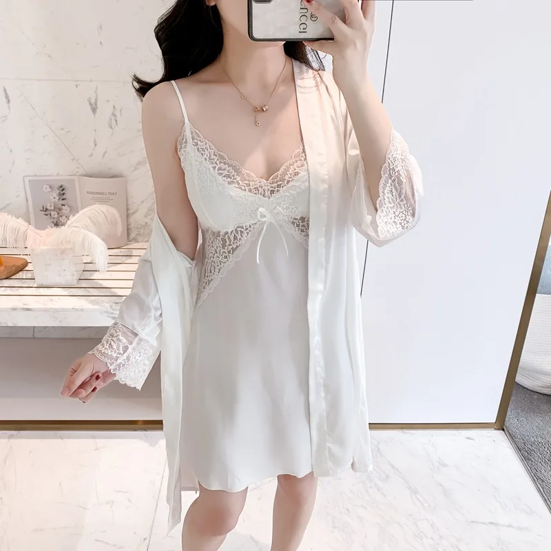 

Sleepwear Female Nighty&Robe Set With Bows Lace Spaghetti Strap Nightdress Sexy Bathrobe Nightwear Casual Rayon Home Dress