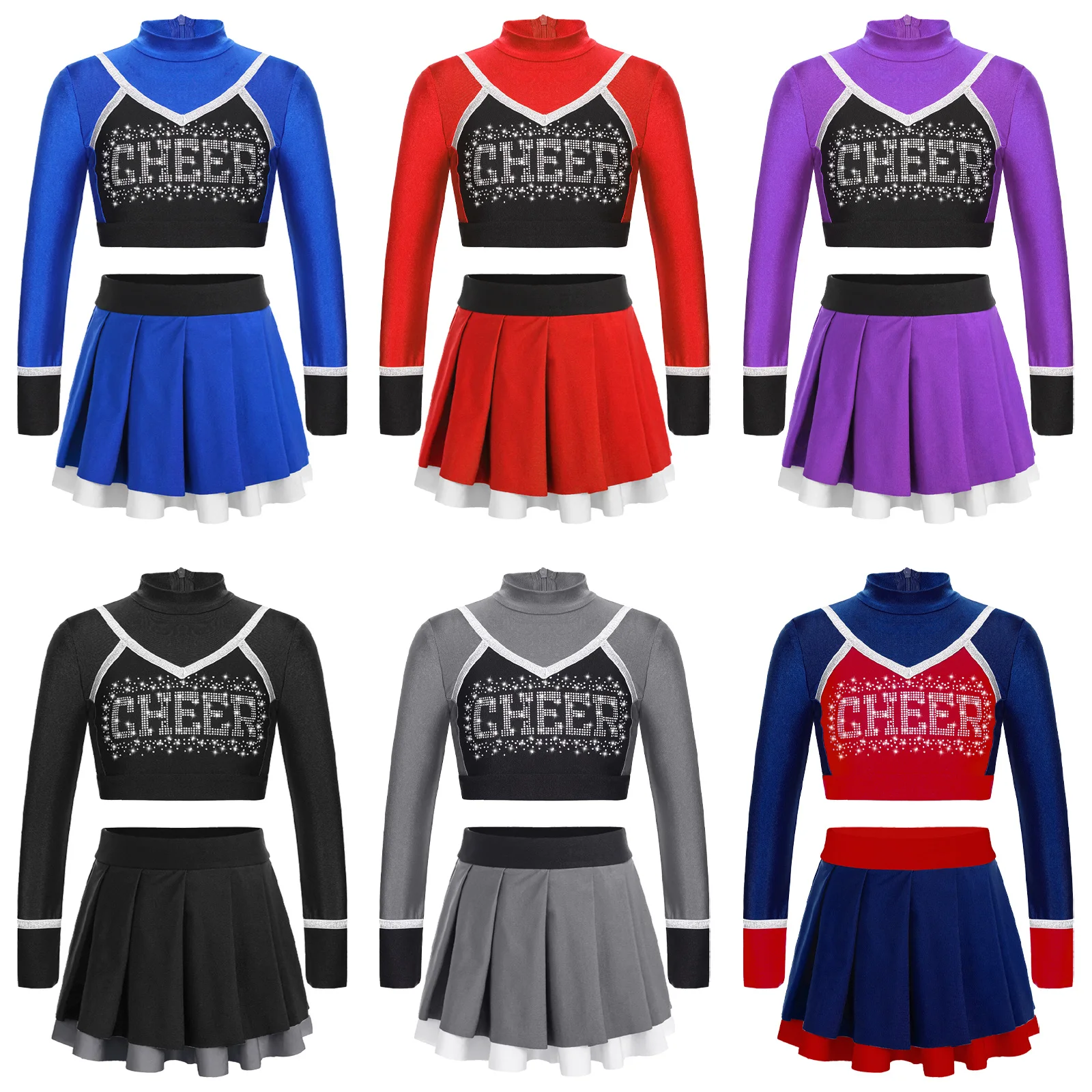 Description Picture 3 of itemKids Girls Cheerleading Dance Outfit School Girls Cheerlead Uniform Teamwear Patchwork Long Sleeve Crop Top with Pleated Skirt
