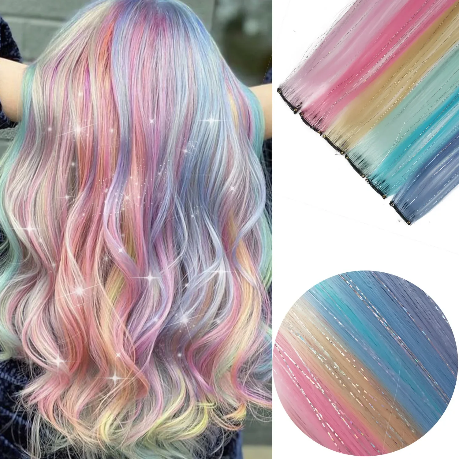 Multicolor Clip in Hair Extensions Mix tinsels Colored Hair Extensions 2 in 1 Rainbow with Silver Tinsels for Kids Girls