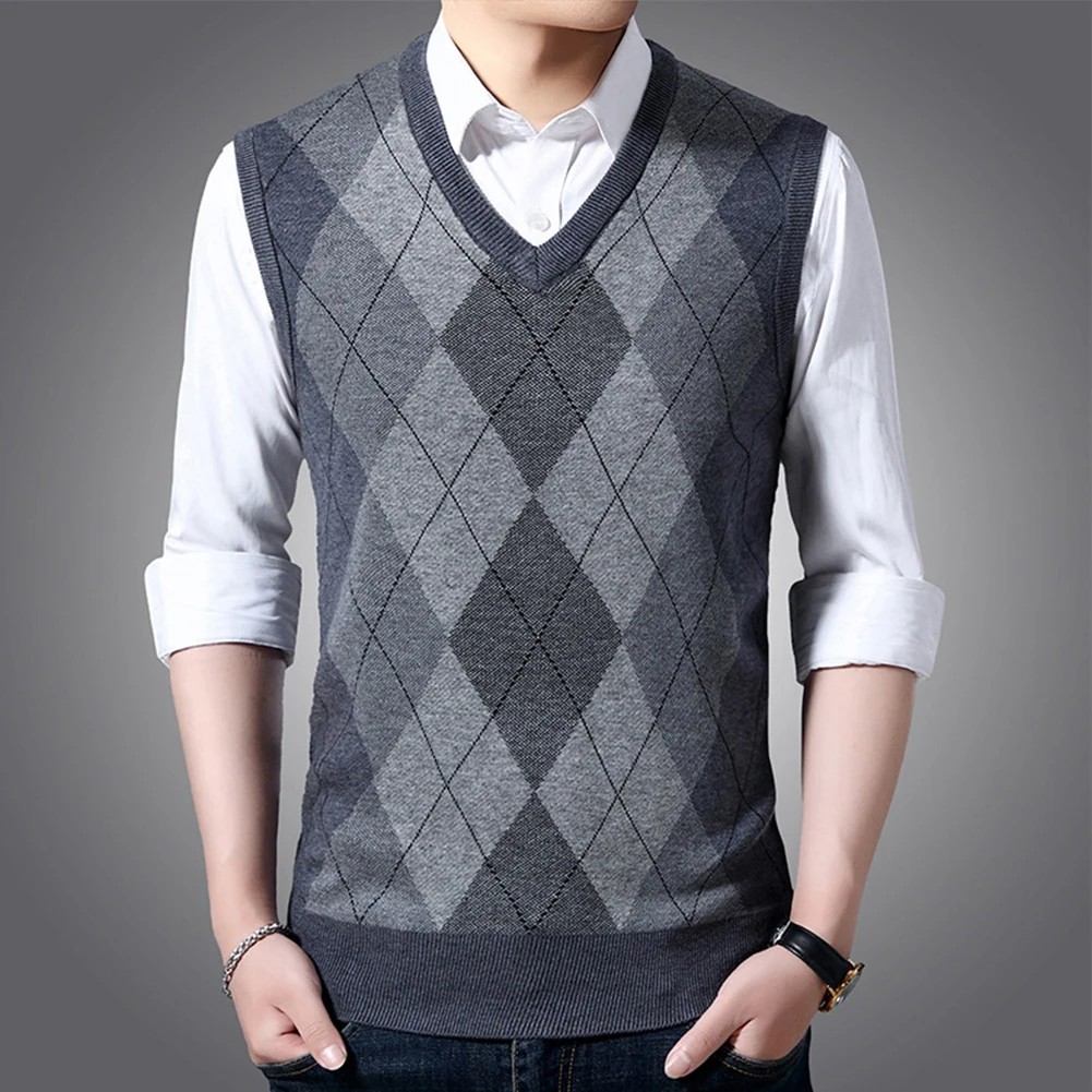Casual Wool Prismatic Plaid Sweater Vest Fashion Cashmere Knitted V Neck Sleeveless Pullover Tank Top Vests Clothing For Men