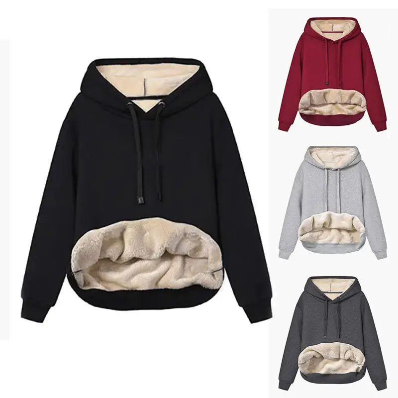 

Women Winter Fleece Lined Hooded Sweatshirt Winter Thick Fleece Velvet Warm Long Sleeve Pullover Tops Solid Color Sweatshirts