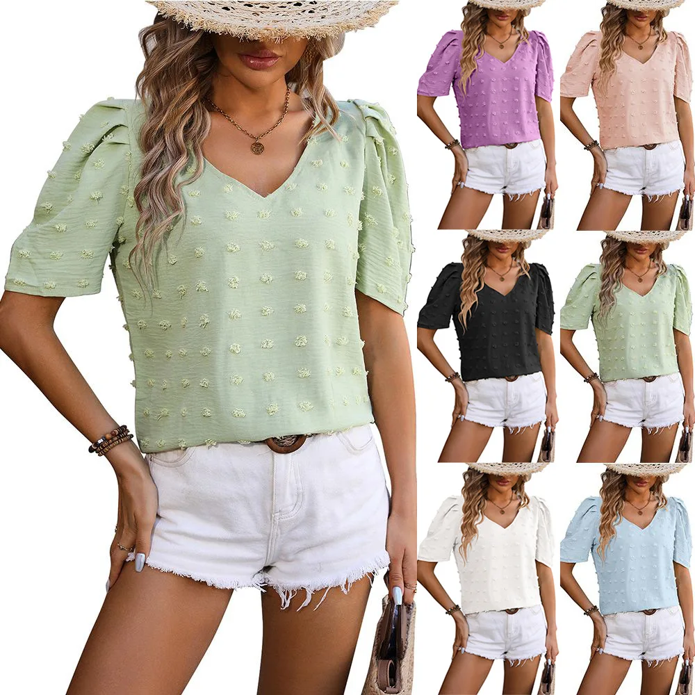 camisa-manga-chiffon-puff-em-v-para-mulheres-top-manga-curta-verao-2024