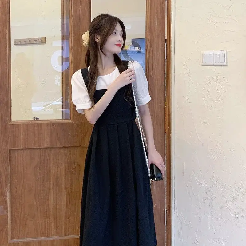 

2024 Summer Women Fashion Fake Two-piece Long Dress Female Stitching O-neck Dresses Ladies Short Sleeve A-line Vestidos M189