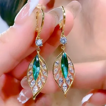 925 Silver Needle Korean Fashion Green Zircon Leaf Drop Earrings For Women Jewelry 2025 Trending New Luxury Women's Earrings