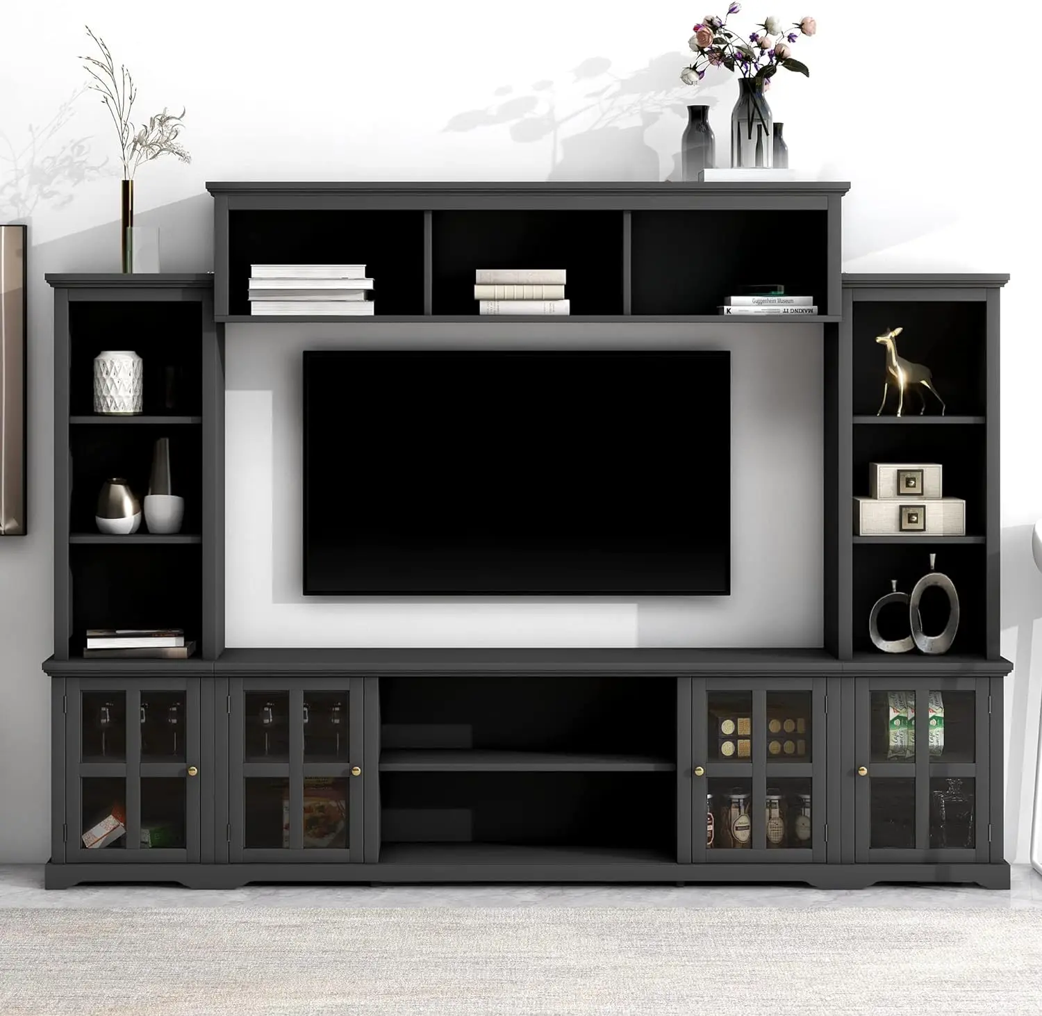 

TV Stand with Tempered Glass Door, Minimalism Style Entertainment Wall Unit with Bridge, Modern TV Stand